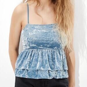 American Eagle XS Blue Crushed Velvet Ruffle Smocked Babydoll Camisole Tank Top